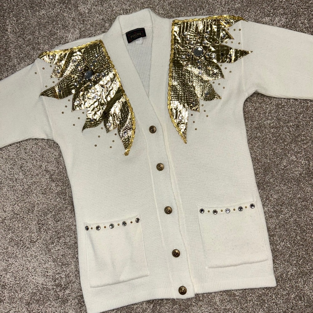 Vintage Focus Embellished Cardigan Sweater Women ONE SIZE Button Gold‎ Jeweled
